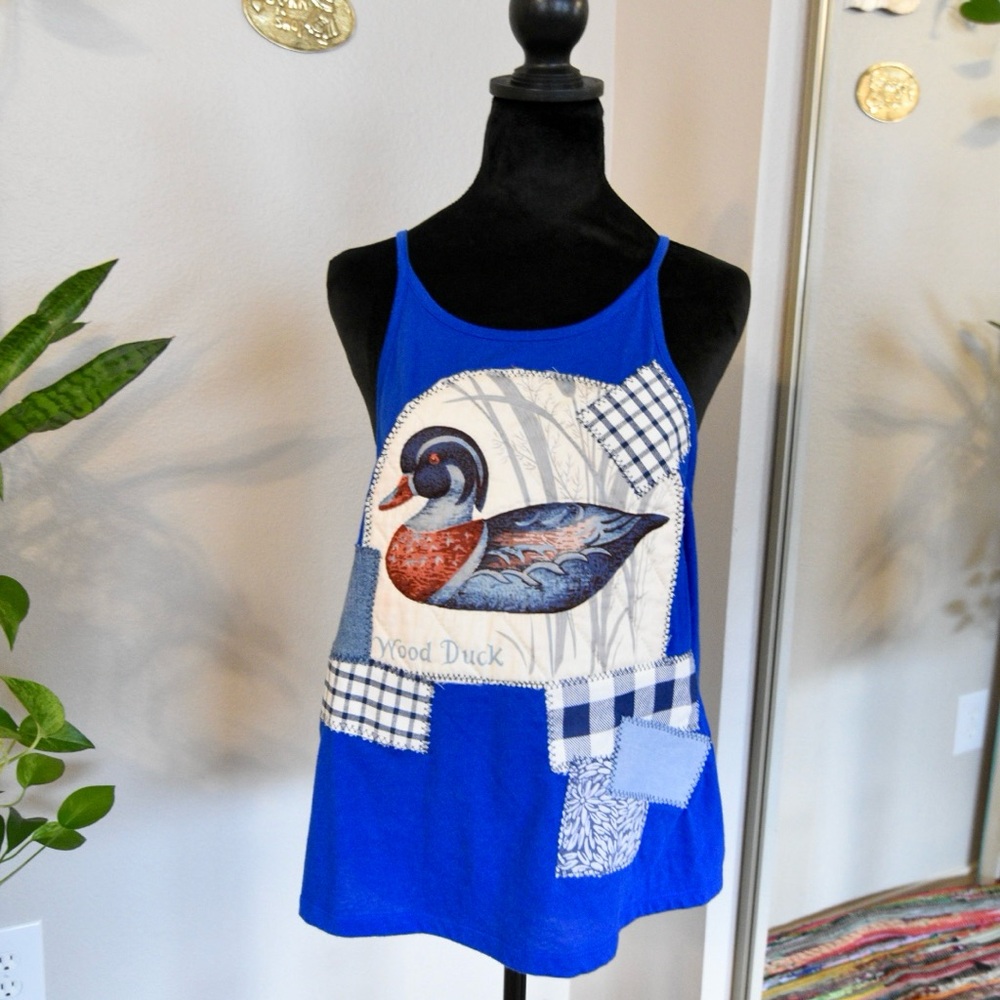 Blue Tank Top with Reworked Vintage Duck Patchwork Design